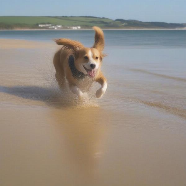 A happy dog running freely on a sandy beach on the Isle of Wight