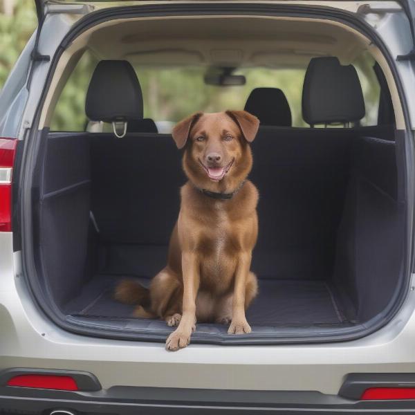 Dog safely secured in car with tailgate guard