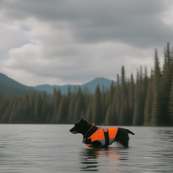 Dog wearing a life vest while swimming in a lake at a campground