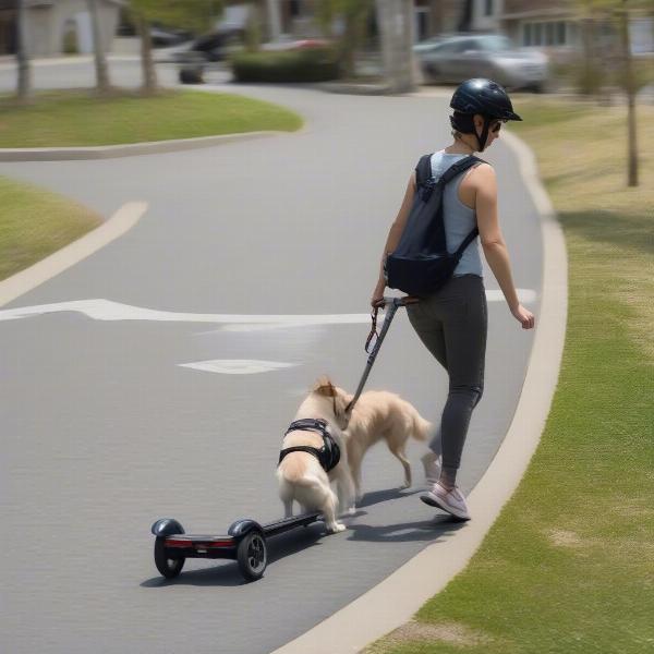 Dog and owner scootering safely