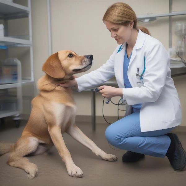 Dog undergoing a veterinary exam for shaking legs