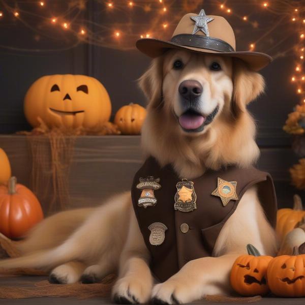 Golden retriever wearing a sheriff costume for Halloween.