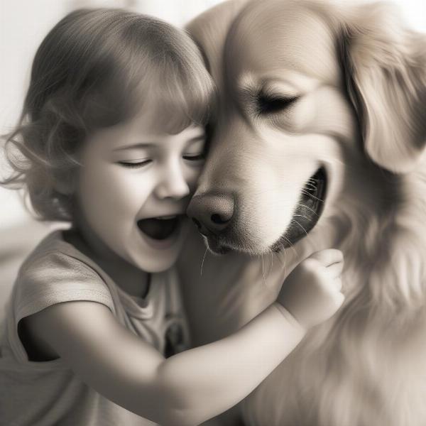 Dog showing affection to a child