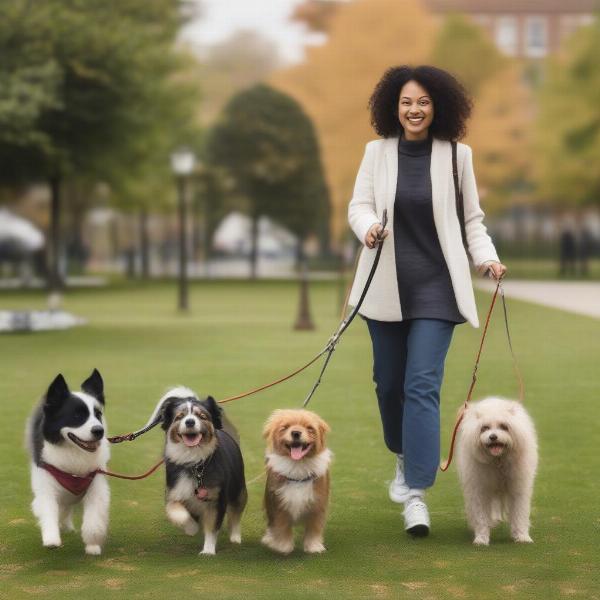 Dog sitter walking multiple dogs