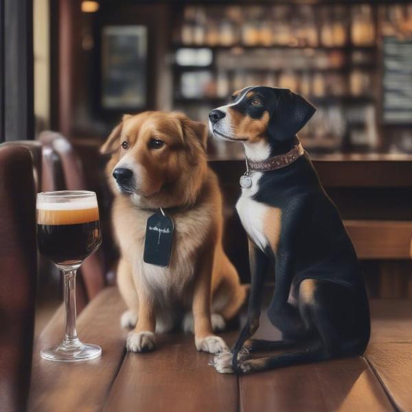 Dog sitting calmly at a pub table with its owner