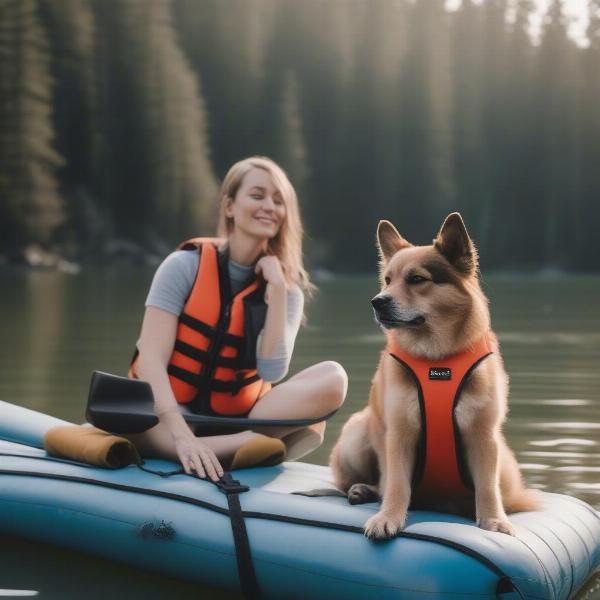 Dog sitting calmly on a raft with its owner