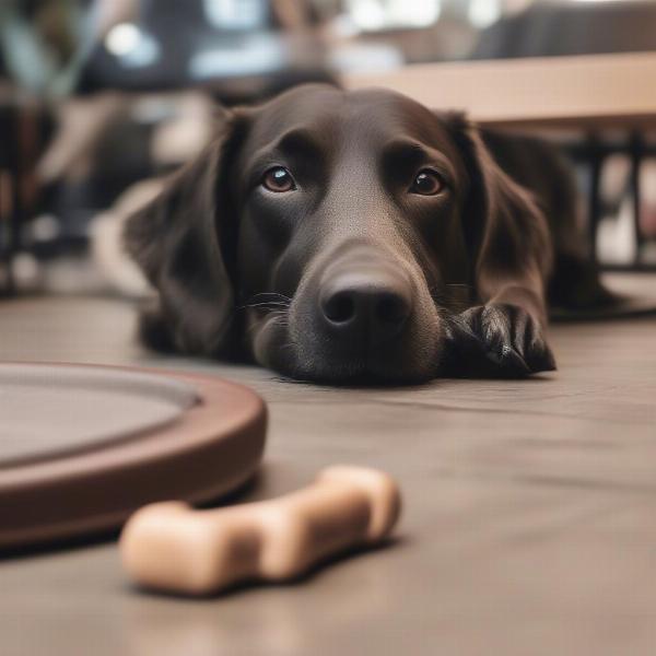 Dog sitting calmly under a restaurant table