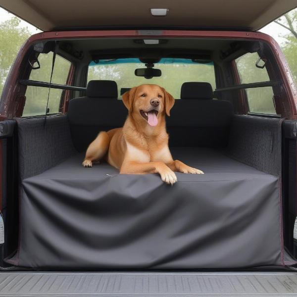 Dog sitting comfortably on a back seat truck cover in a truck