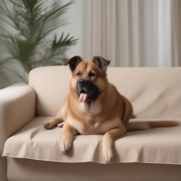 A dog sitting on a sofa with a cover