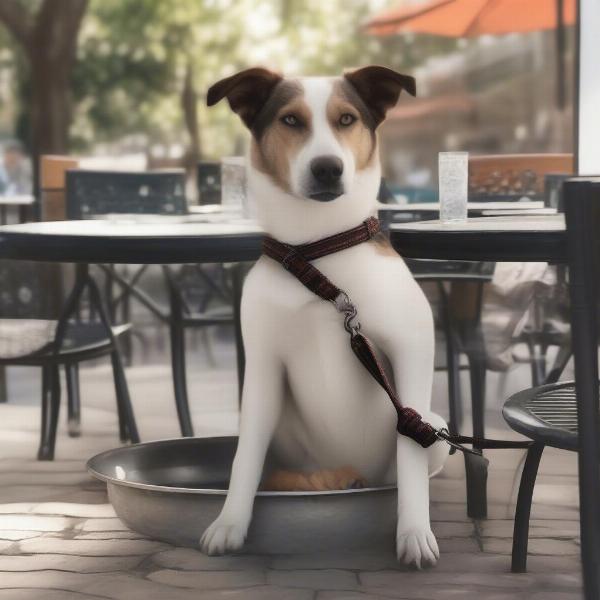 A well-behaved dog sitting patiently under a table at a dog-friendly restaurant.