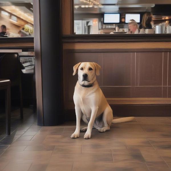 A dog sitting patiently under a table at a dog-friendly restaurant in Reno