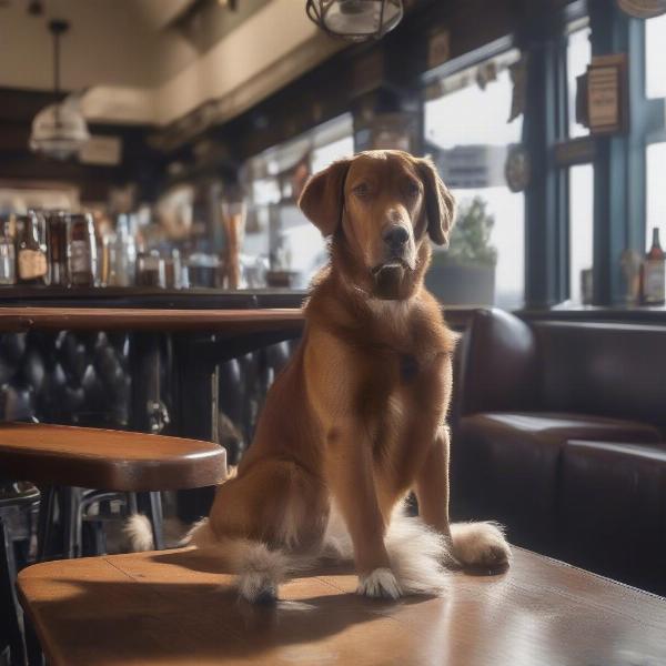 A well-behaved dog sitting patiently under the table at a Hungry Horse pub