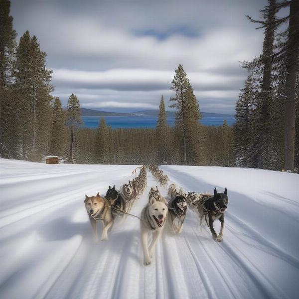 Dog sledding adventure in Lake Tahoe during winter.