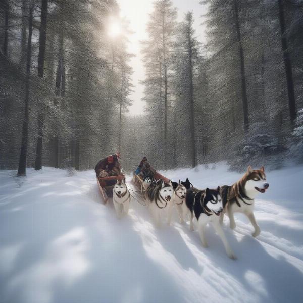 Dog sledding through a snowy forest near Ottawa in winter