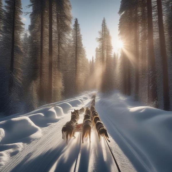 Dog sledding through a snowy forest in Quebec near Montreal