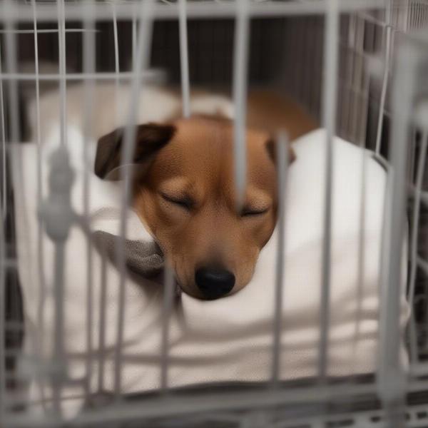 Dog sleeping comfortably in its crate bed