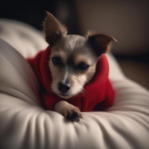 Dog sleeping comfortably in a fleece suit