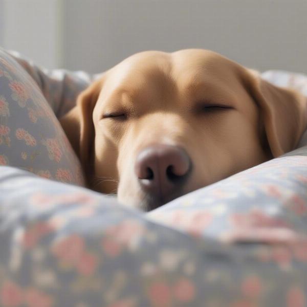 A dog comfortably sleeping in a Laura Ashley dog bed