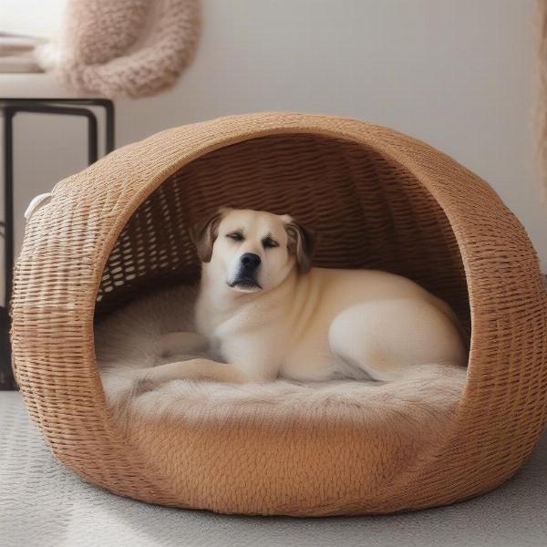 Dog Sleeping Peacefully in a Wicker Dog Bed