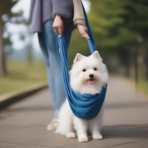 Small dog being carried in a dog sling during a walk