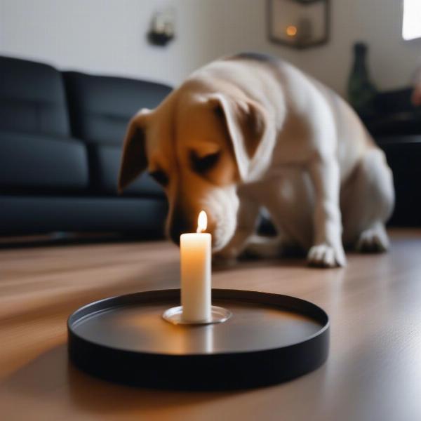 Dog smelling a candle