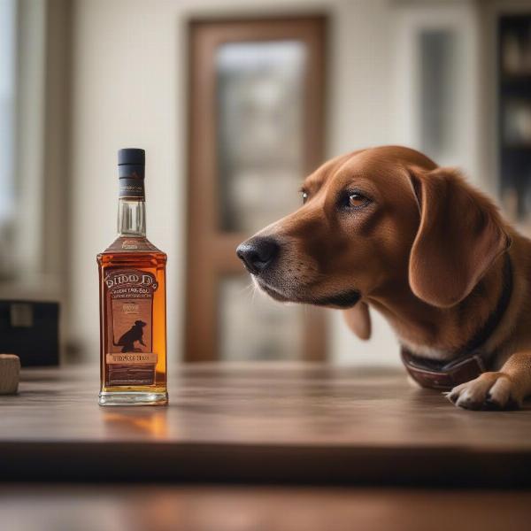 Dog Smelling a Whiskey Bottle