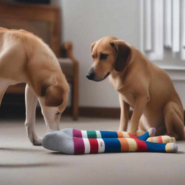 Dog sniffing gripping socks