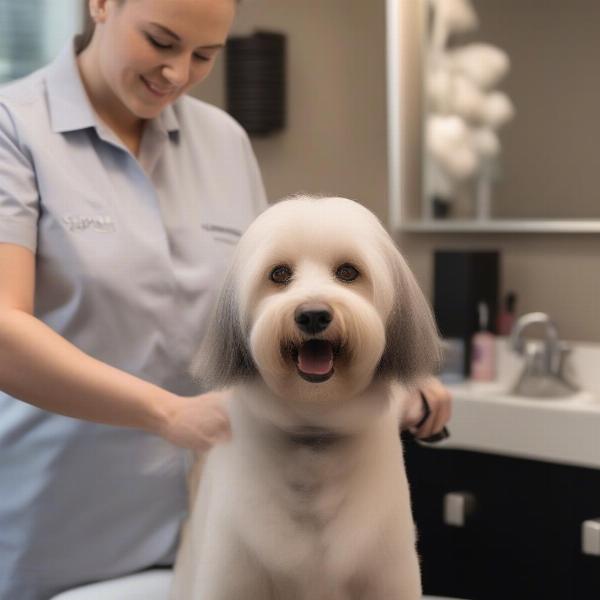 Dog being groomed at a spa