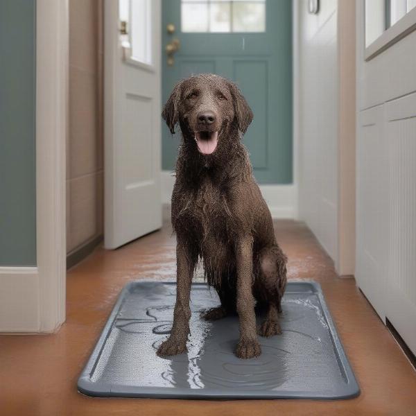 Dog standing on a muddy mat after a walk