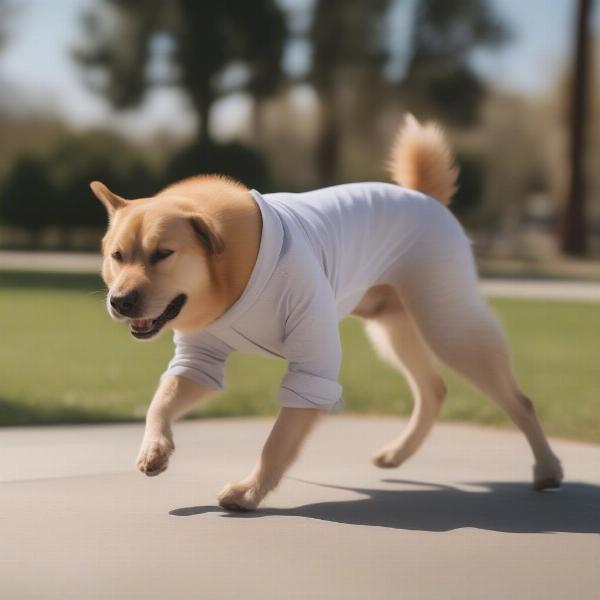 Dog wearing UV protective clothing in the summer sun.