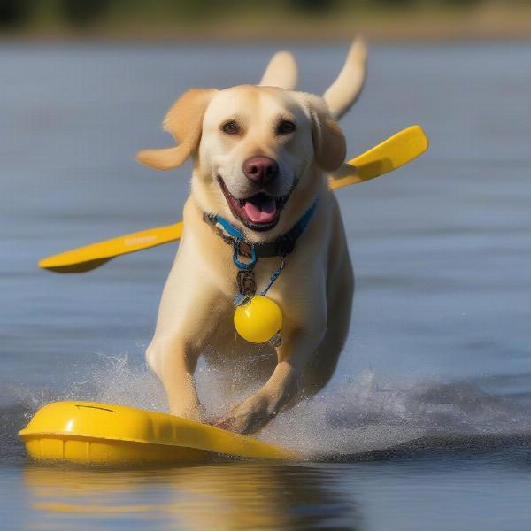 A dog swimming with a toy in a lake