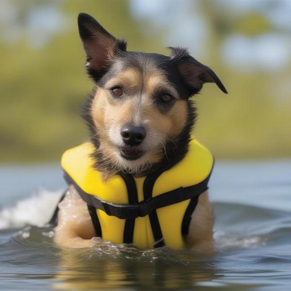 Dog swimming with life jacket