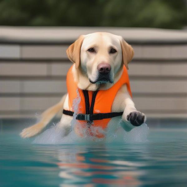 Dog swimming with a life vest