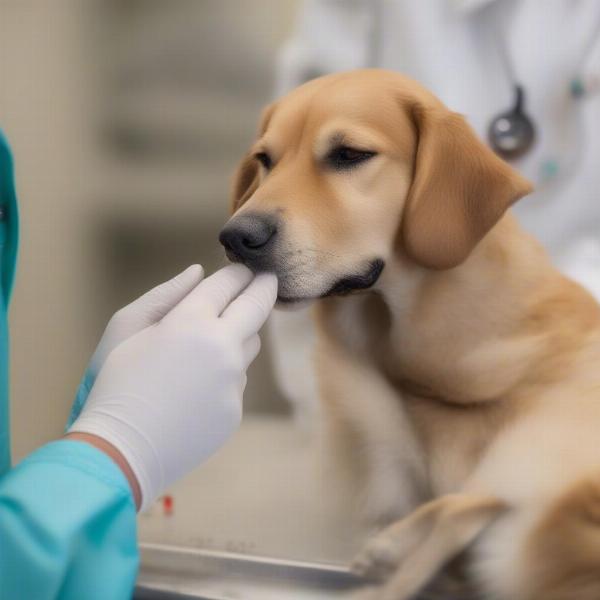 Examining a dog's swollen paw