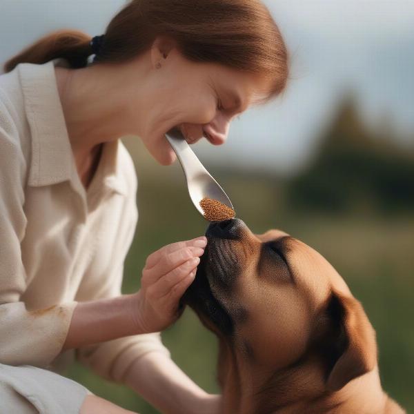 Dog taking linseed oil