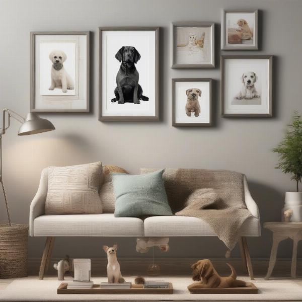 Dog-themed home decor ideas, including ornaments, pillows, and artwork