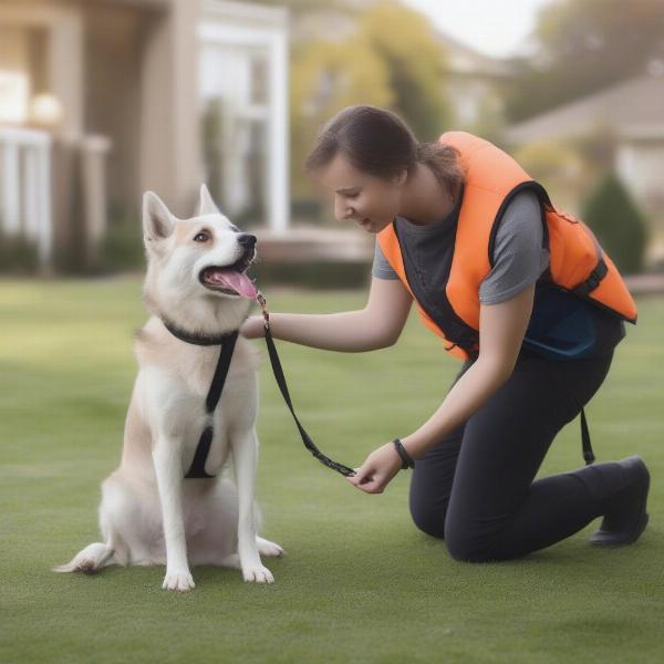 Dog wearing a training vest during a training session