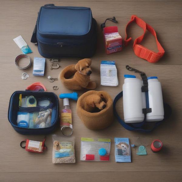 Essential items for traveling with a dog, such as leash, collar, food, and water bowl.