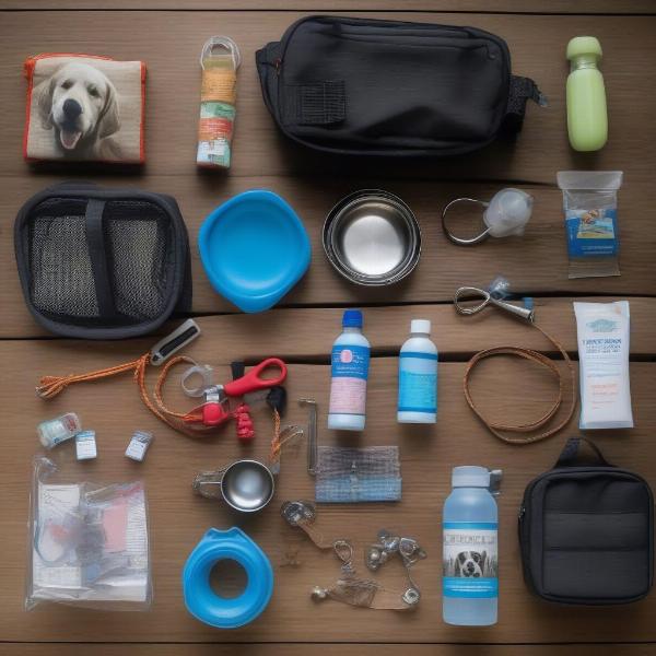 Essential dog travel items including food, water bowls, leash, toys, and a first-aid kit neatly arranged on a wooden table.