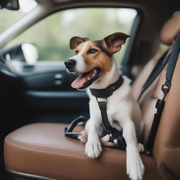 A dog safely secured in a car during a road trip