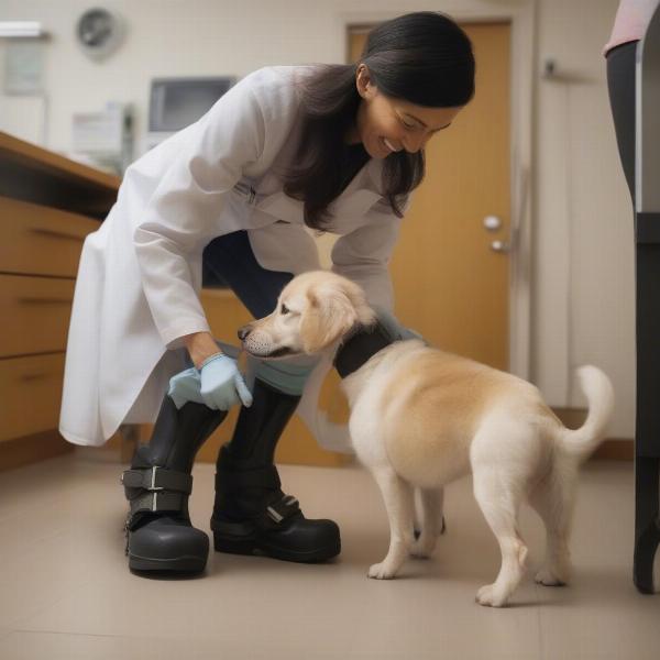 Dog trying on boots