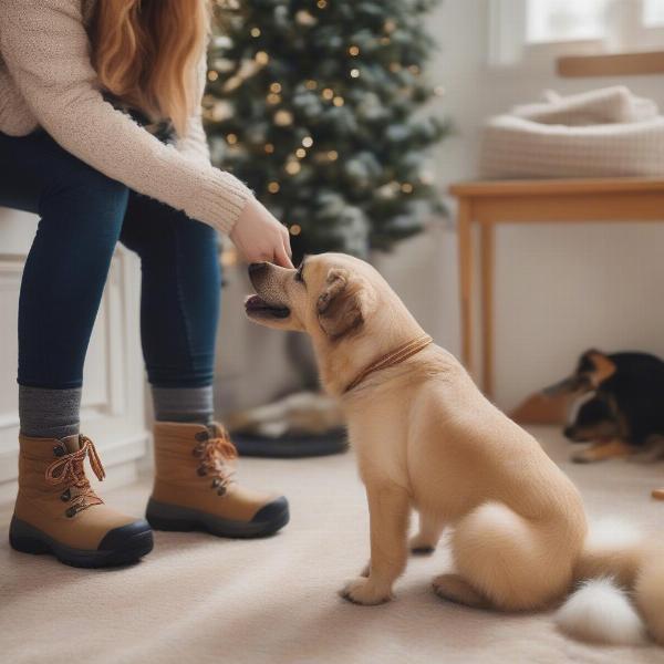 A dog getting accustomed to wearing rocket dog winter snow boots indoors.