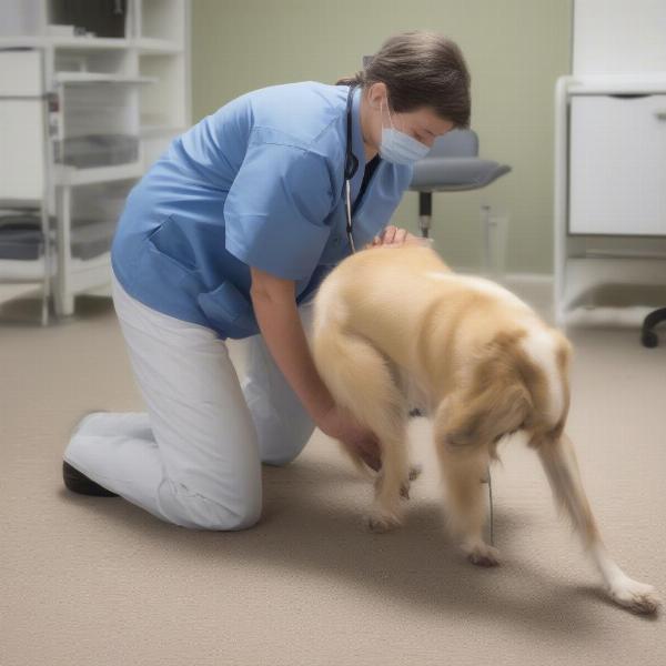 Dog urinating on a carpet during vet check