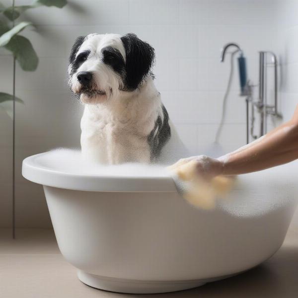 Dog Being Bathed with a Scrubber