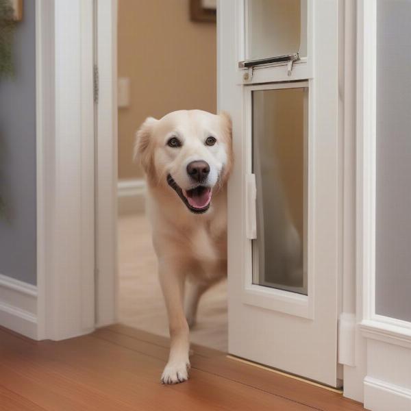 A dog happily using its new built-in dog door