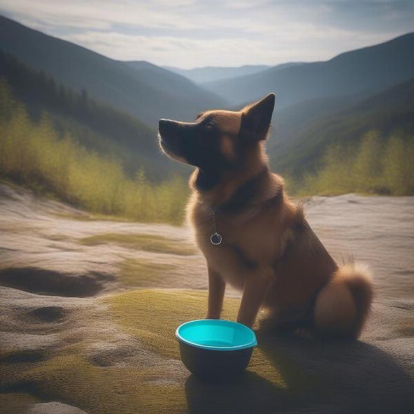 A dog using a foldable bowl during a hike