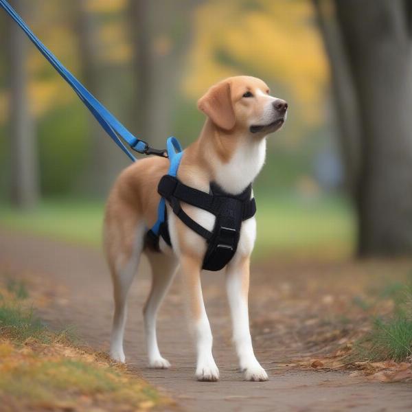 Dog wearing a hind leg support harness