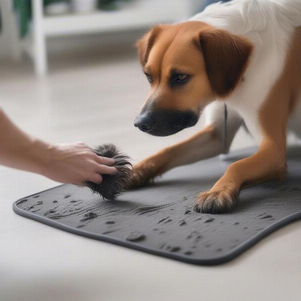 Dog Using Paw Cleaning Mat