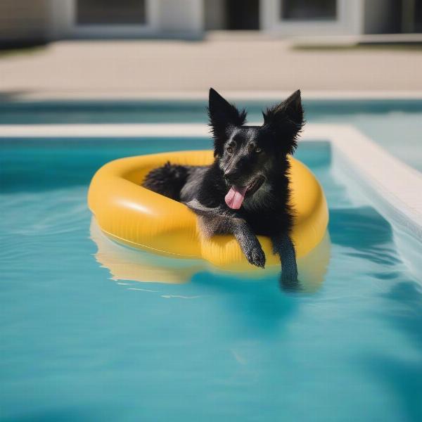 A dog relaxing on a pool float.