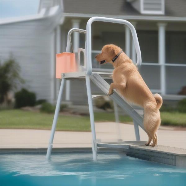 Dog Safely Exiting a Pool Using a Ladder